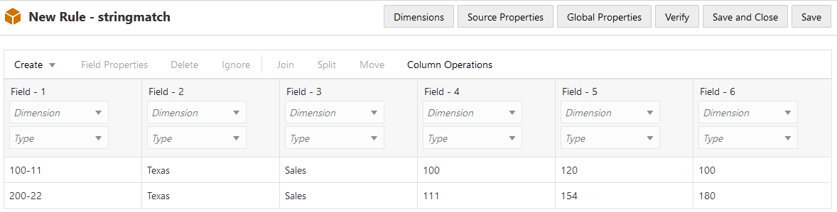 Unfinished new rule named stringmatch. Field metadata for fields 1-6 are blank in the field selectors. Records are populated below the field selectors, matching the data in the .txt file from step 2.