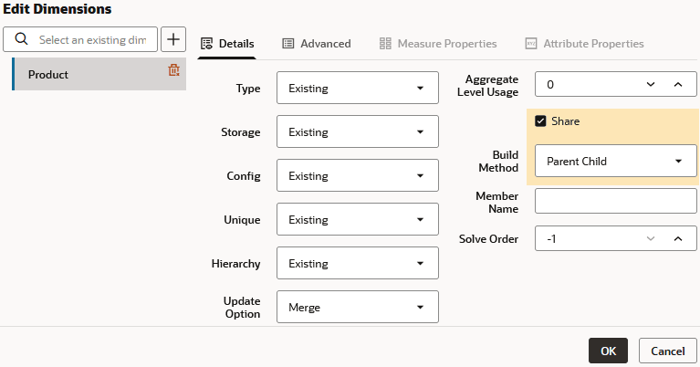 Dimension build properties for Product. Share check box is checked, and Build Method is Parent Child. Dimension build properties for Product. Share check box is checked, and Build Method is Parent Child.