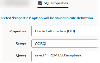 SQL Properties dialog. Properties option selected is Datasource. The Datasource selector has the Datasource name, SpendDS. A Server field, not editable, displays REST;URL=LOCAL;DS=SpendDS. A sample SQL query is in the Query field (select * FROM TABLENAME).