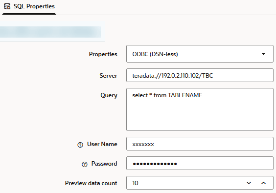 Source Properties > SQL Properties tab in a load rule. Properties selection is ODBC (DSN-less), Server entry is teradata://192.0.2.110:/1025/TBC, and Query entry is select * from TABLENAME.
