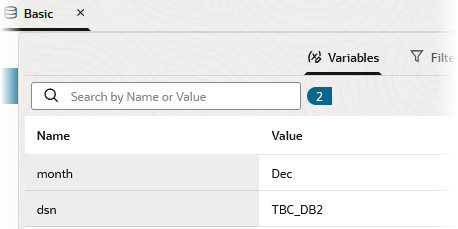 Variables section of the cube inspector for Sample Basic shows two substitution variables defined. One is named "dsn" with a value of TBC_DB2, and one is named "month" with a value of Dec.