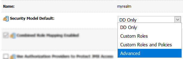 WebLogic Server Administration Console general configuration settings for security realm "myrealm," focusing on changing the "Security Model Default" selection from DD Only to Advanced