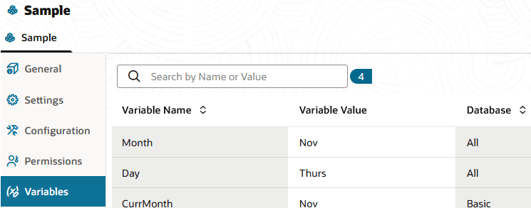 Image of a substitution variable created at the application level. Name: CurrMonth, Value: Nov