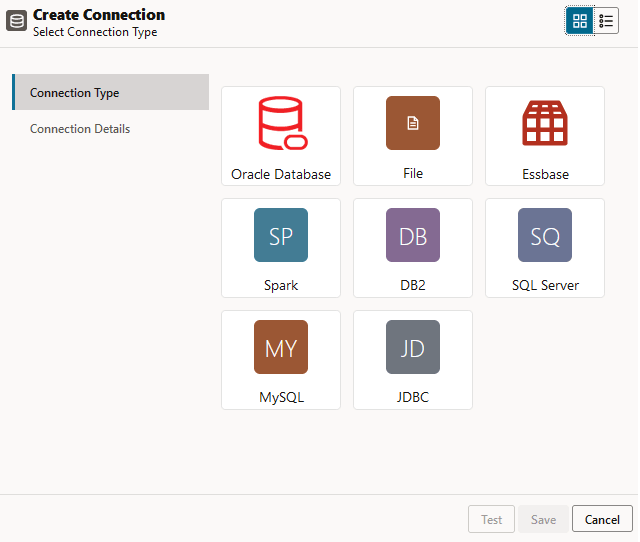 Create Connection button with connection choices: Oracle Database, Essbase, File, Spark, DB2, SQL Server, MySQL, and JDBC