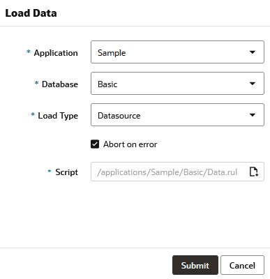 Image of the Load Data dialog box in Jobs, with Load Type of Datasource selected for application Sample and database Basic. The rule file is entered for the Script field, with the path of /applications/Sample/Basic/Data.rul.