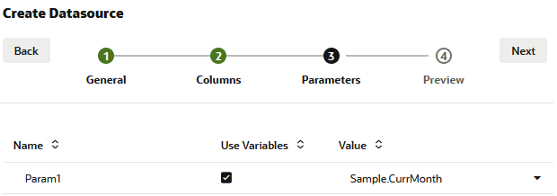 Image of the Parameters tab in the create Datasource wizard. Use Variables is checked, and the Value is Sample.CurrMonth.