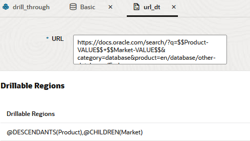 Image of a URL drill through definition with a URL pointing to the Essbase documentation, with variables for Product and Market.