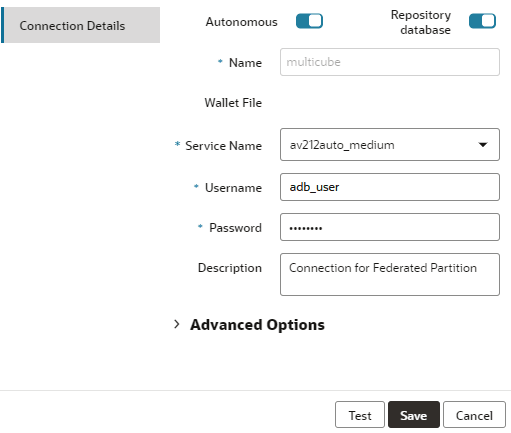 Image of the Create Connection dialog box. Autonomous and Repository database are selected. Name is multicube. Service Name is av212auto_medium. User is adb_user. Password is masked. Description reads: Connection for Federated Partition. Image of the Create Connection dialog box. Autonomous and Repository database are selected. Name is multicube. Service Name is av212auto_medium. User is adb_user. Password is masked. Description reads: Connection for Federated Partition.