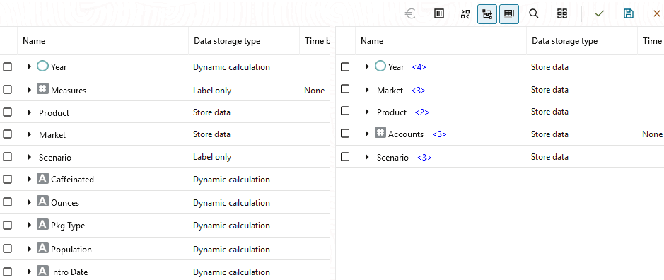 Image of the Sample Basic and Demo Basic outlines side-by-side using the outline compare feature.