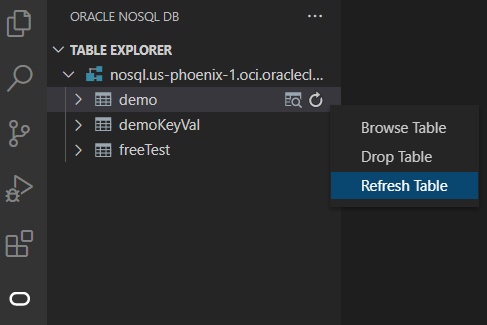 Oracle NoSQL DB VS Code Refresh Table