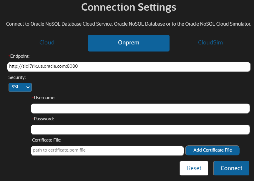 NoSQL DB Connection Settings View