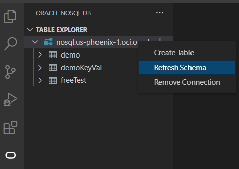 Oracle NoSQL DB VS Code Extension Refresh Schema