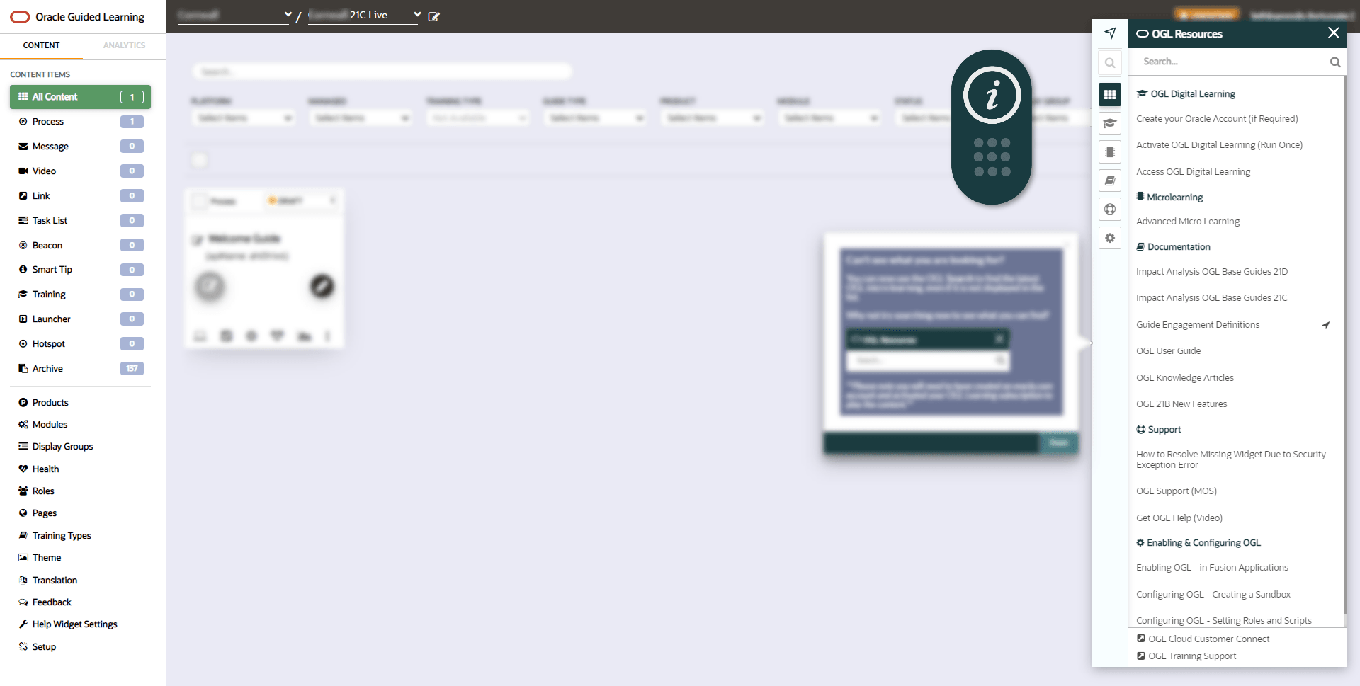 Guided Learning Widget in the OGL Console