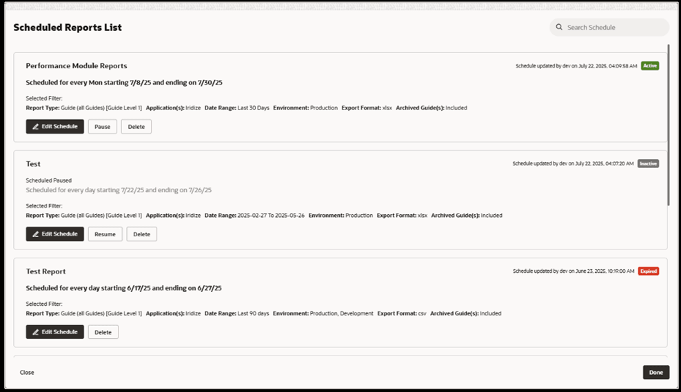 Scheduled Reports List