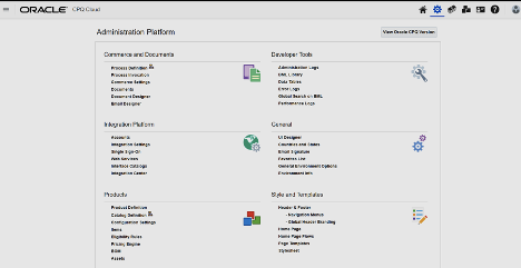 image of administration platform menu in CPQ cloud