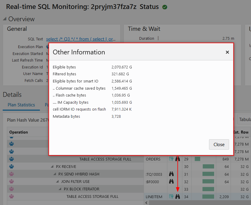 The image shows an example of smart I/O row source statistics provided by SQL monitor.