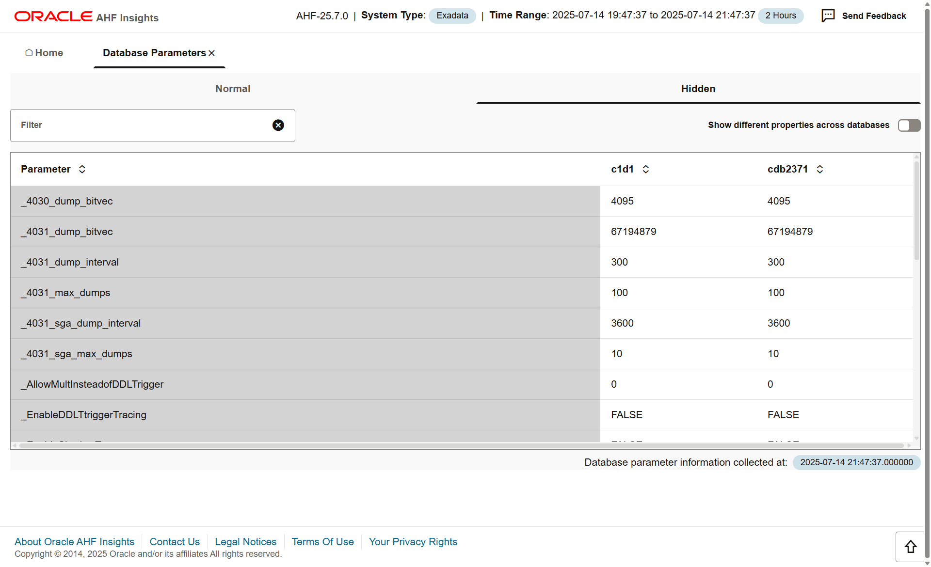 Lists normal and hidden Oracle Database parameters, paginated.