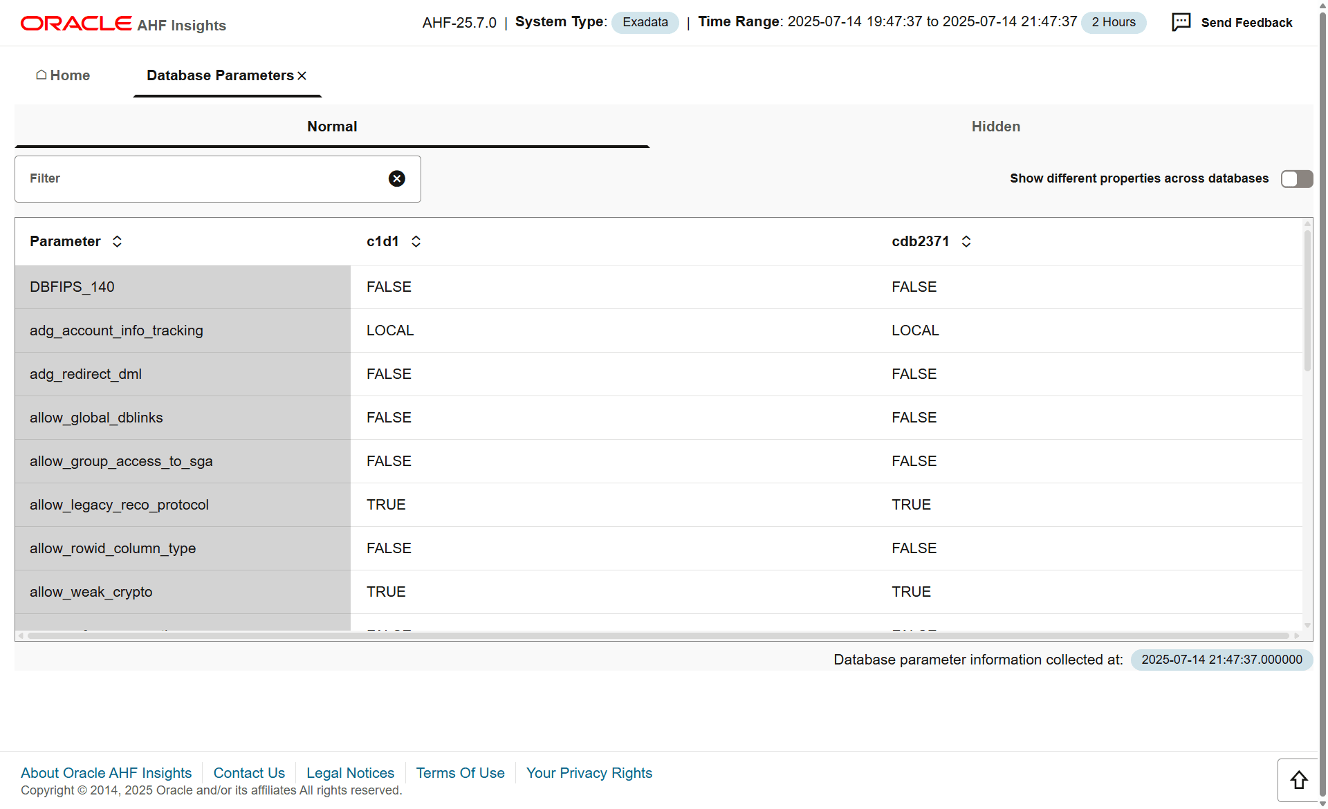 Lists normal and hidden Oracle Database parameters, paginated.