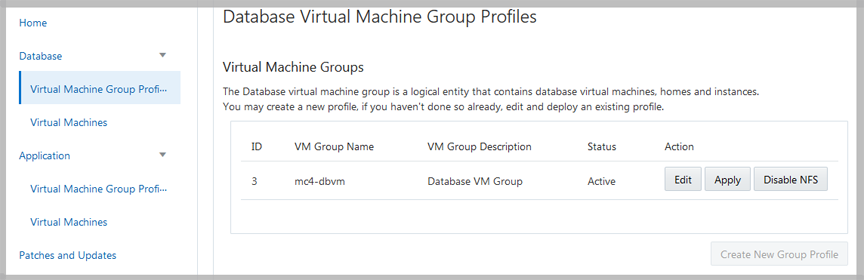 image:A screen shot showing the DB VM Group Profiles screen.