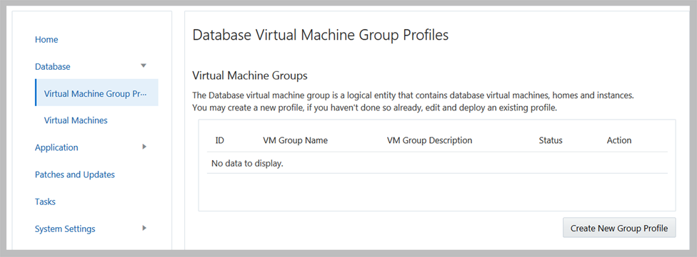 image:A screen shot showing the database VM group profiles page.