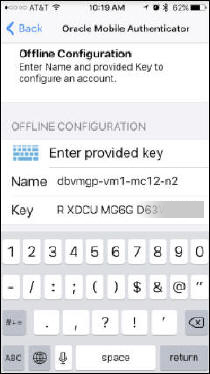 image:Screen shot showing the name or IP address and the key on the                             mobile device.