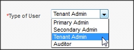 image:In the Type of User drop-down, select Tenant                                     Admin.
