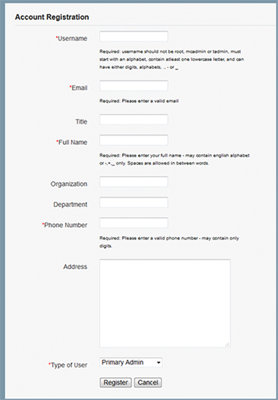 image:A screen shot showing the user registration page.