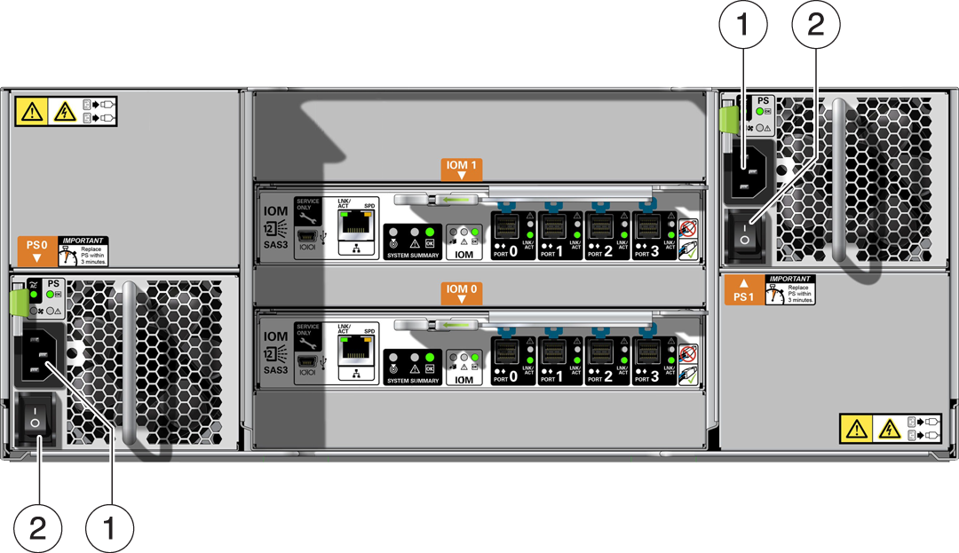 image:Figure showing the location of the power connectors and switches on                             the storage array.
