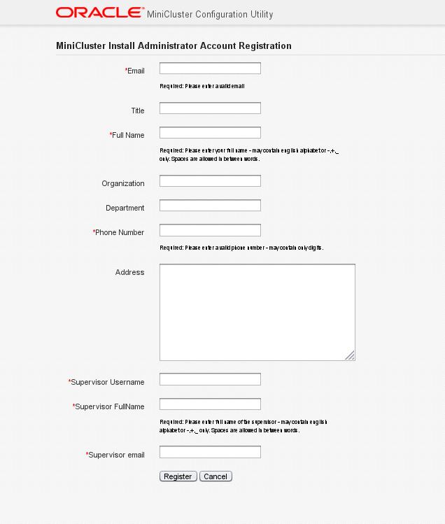 image:Figure showing the MiniCluster Install Administrator Account                             Registration page.