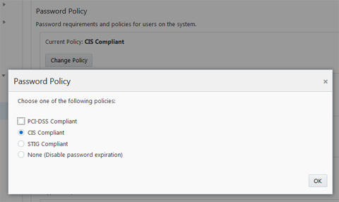 image:A screen shot showing the PCI-DSS Compliant, CIS Compliant, STIG Compliant, or None password policy options.