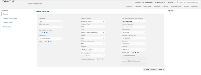 Create Database screen