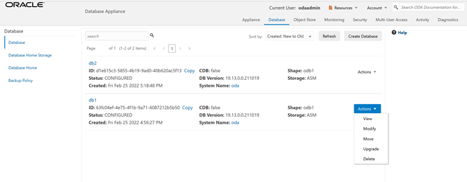 Database Actions menu