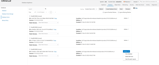 Database Actions menu