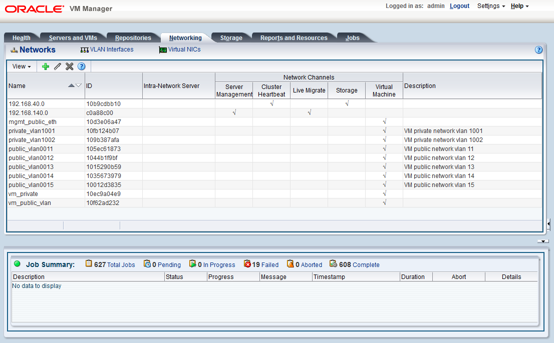 Screenshot showing the Networking tab of the Oracle VM Manager user interface.