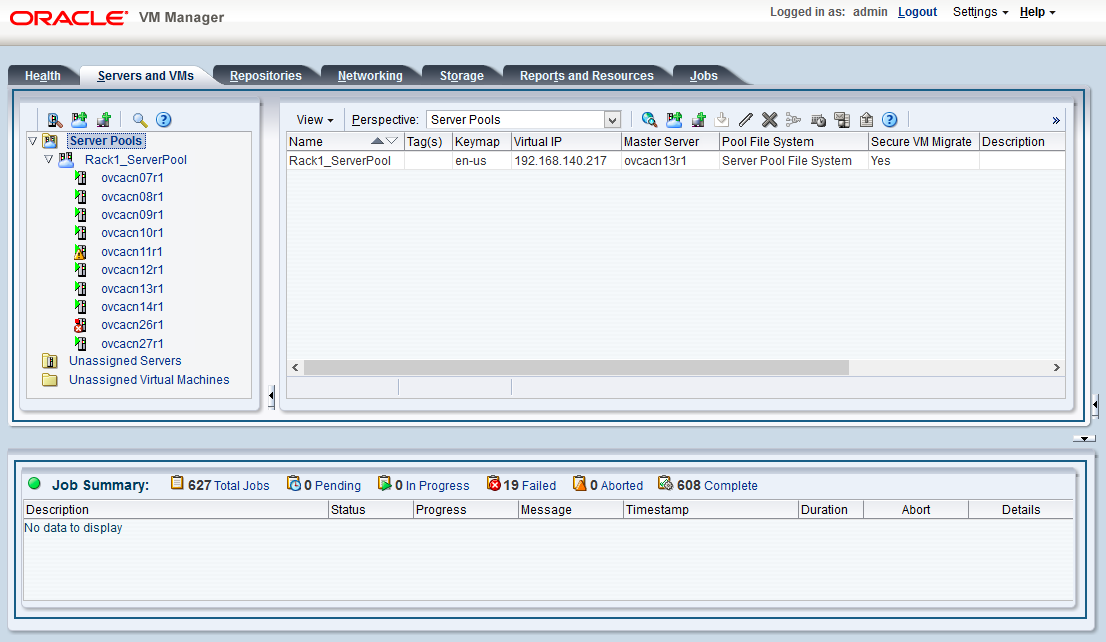 Screenshot showing the Servers and VMs tab of the Oracle VM Manager user interface.