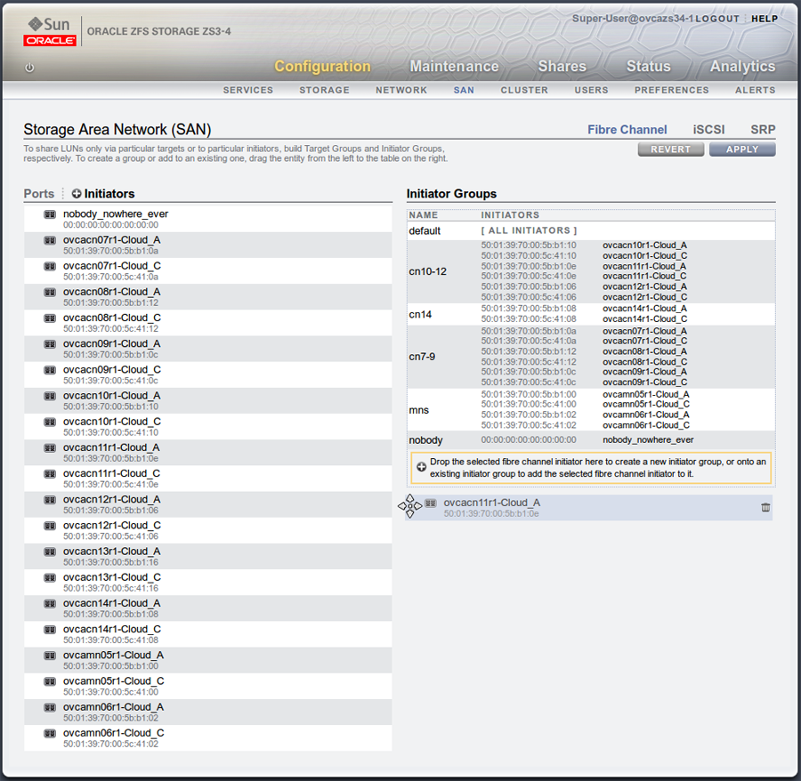 Figure showing how to use the SAN Summary page in the Oracle Storage Appliance ZS3-4 web user interface to create a new storage initiator group by dragging an initiator across the page and dropping it in the Create New Initiator Group box that appears.