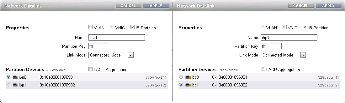 Figure showing ZFS Storage Appliance datalink configuration for InfiniBand. The illustration shows the IB Partition option is checked, the Name and Partition Key fields are filled out and the Link Mode is set to Connected Mode.