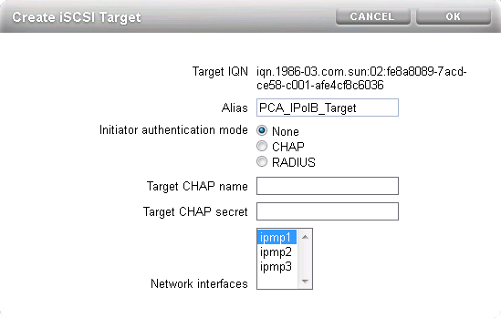 Figure showing ZFS Storage Appliance iSCSI target configuration for InfiniBand. The illustration shows the dialog to add an iSCSI target. Enter an alias to properly identify the target and associate it with the IPMP interface you configured earlier.