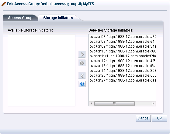Figure showing the Edit Access Group dialog in Oracle VM Manager. The initiators that are configured on the ZFS Storage appliance are added to the Selected Storage Initiators for the Access Group.