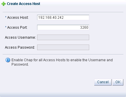 Figure showing the Create Access Host dialog in Oracle VM Manager. Use this dialog to add an access host for the IP address of the IPMP interface on the ZFS Storage Appliance.
