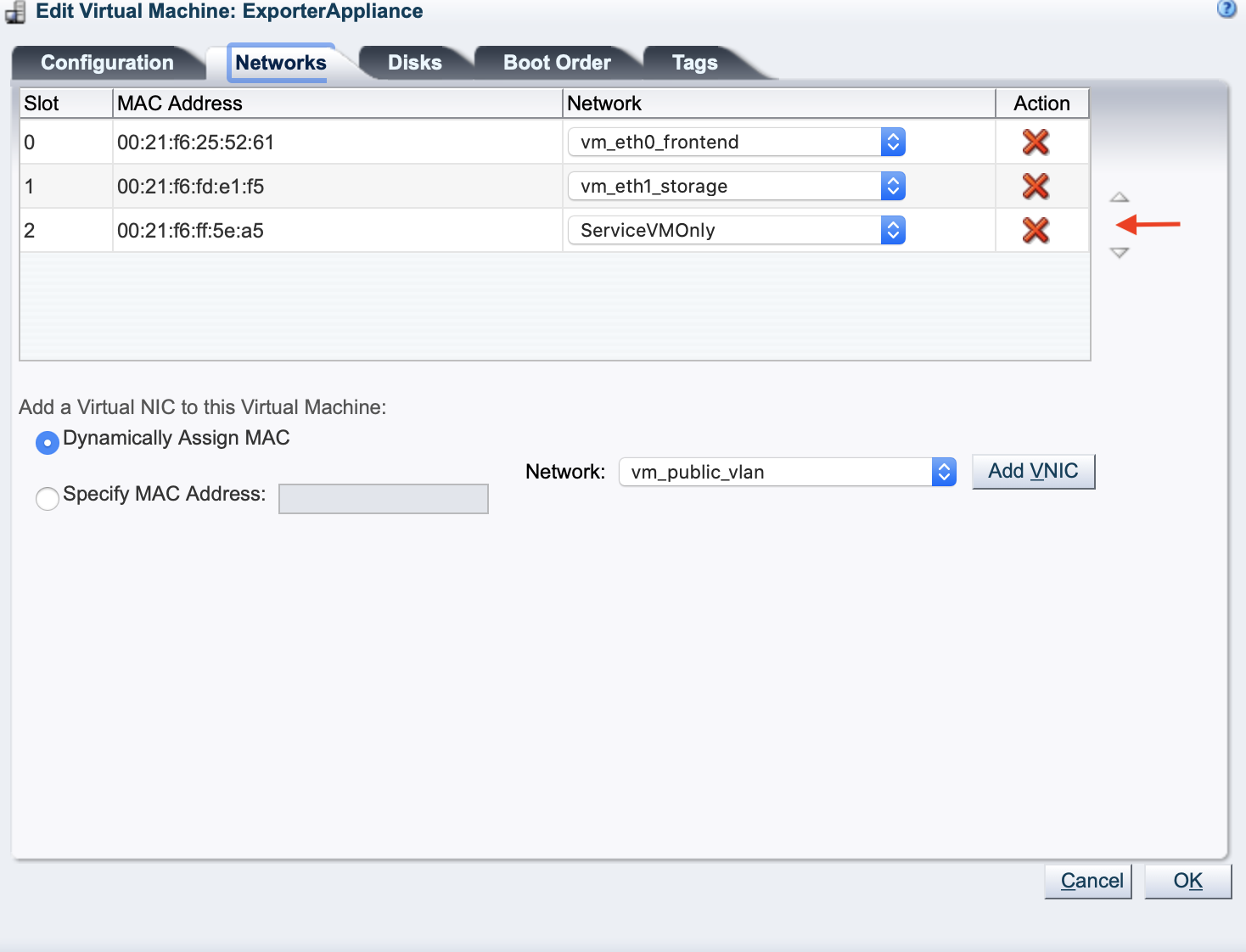 Screenshot showing the Attach Network dialog box.