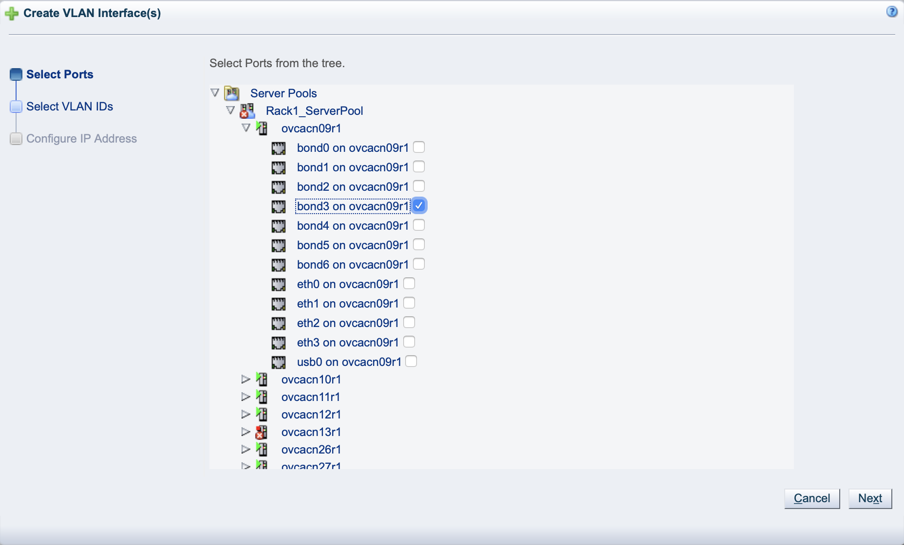 Screenshot showing the Select Port page of the Create VLAN Interfaces wizard.