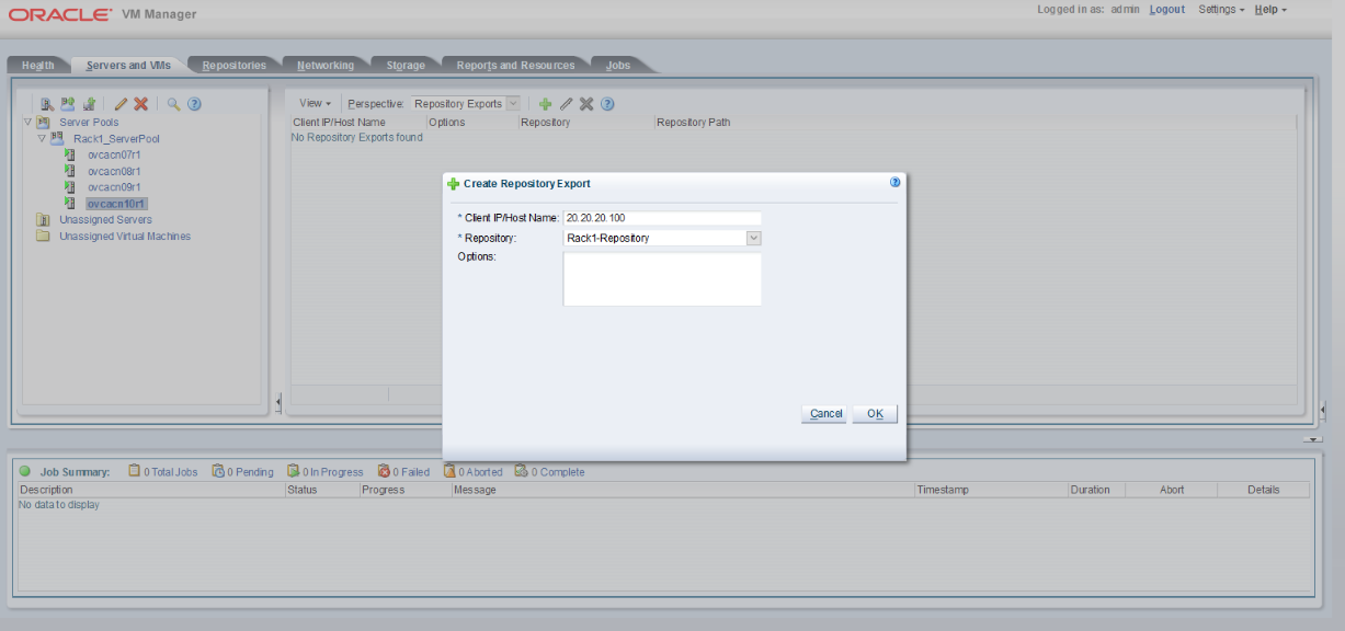 Screenshot showing the compute node Create Repository Export dialog box.