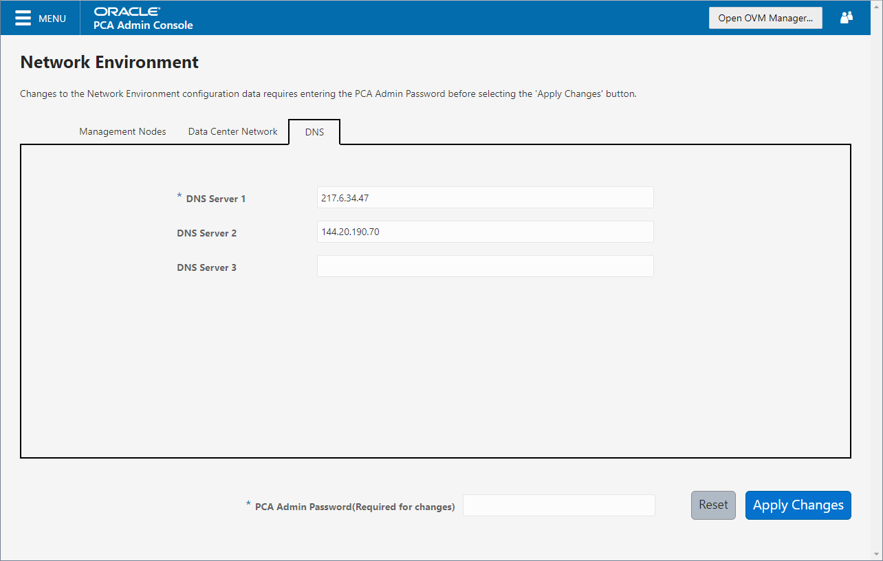 Screenshot showing the DNS tab in the Network Environment window of the Oracle Private Cloud Appliance Dashboard. Screenshot showing the DNS tab in the Network Environment window of the Oracle Private Cloud Appliance Dashboard.