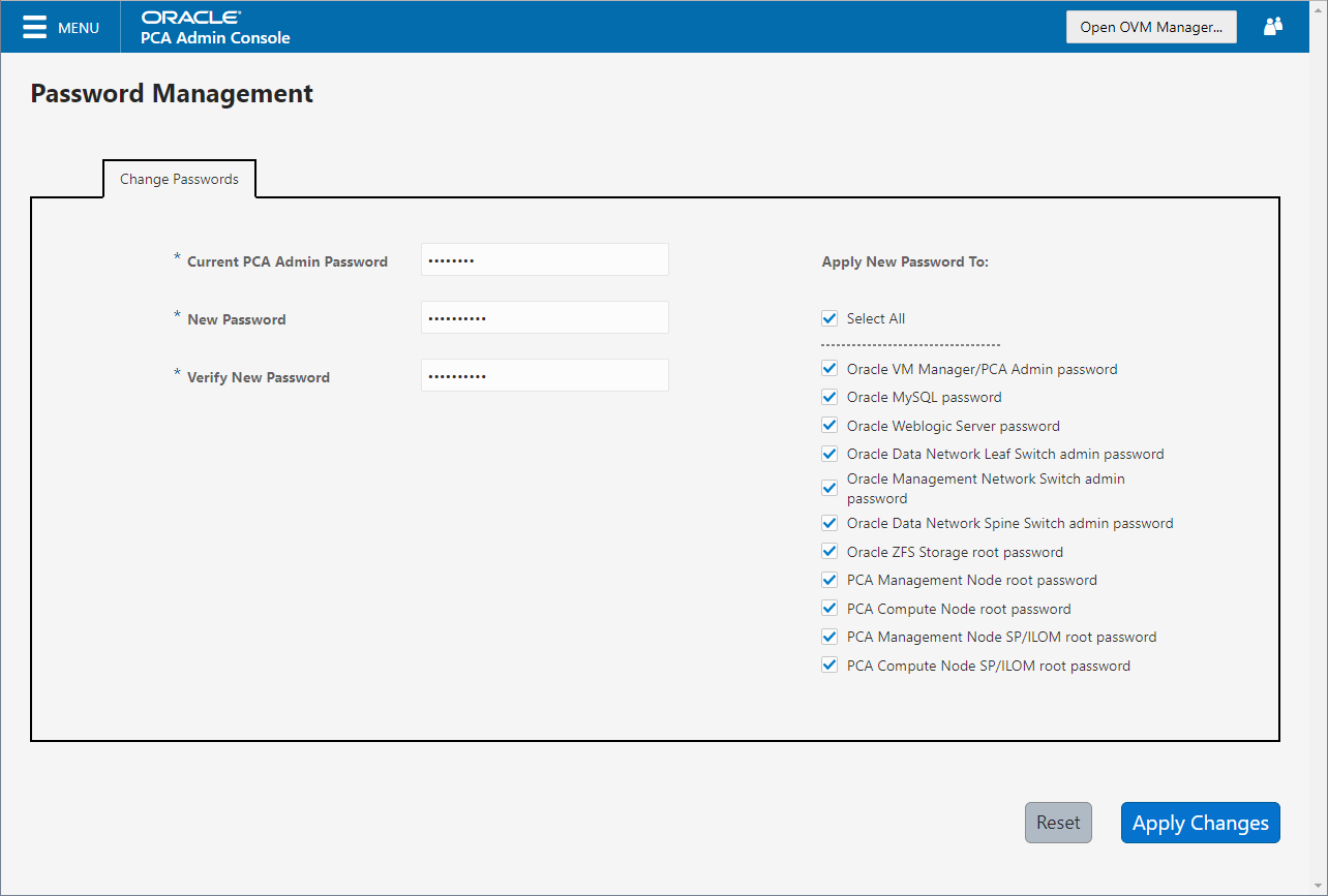 Screenshot showing the Password Management window of the Oracle Private Cloud Appliance Dashboard. Screenshot showing the Password Management window of the Oracle Private Cloud Appliance Dashboard.