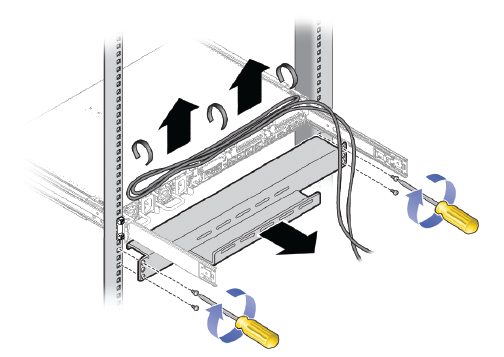 This figure shows the cable tray being removed from an empty rack unit prior to the installation of an expansion compute node.