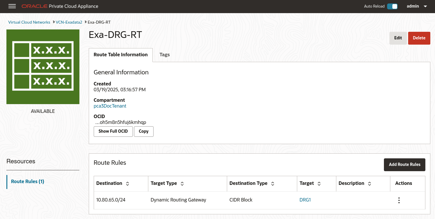 Route Table dialog in Compute UI.