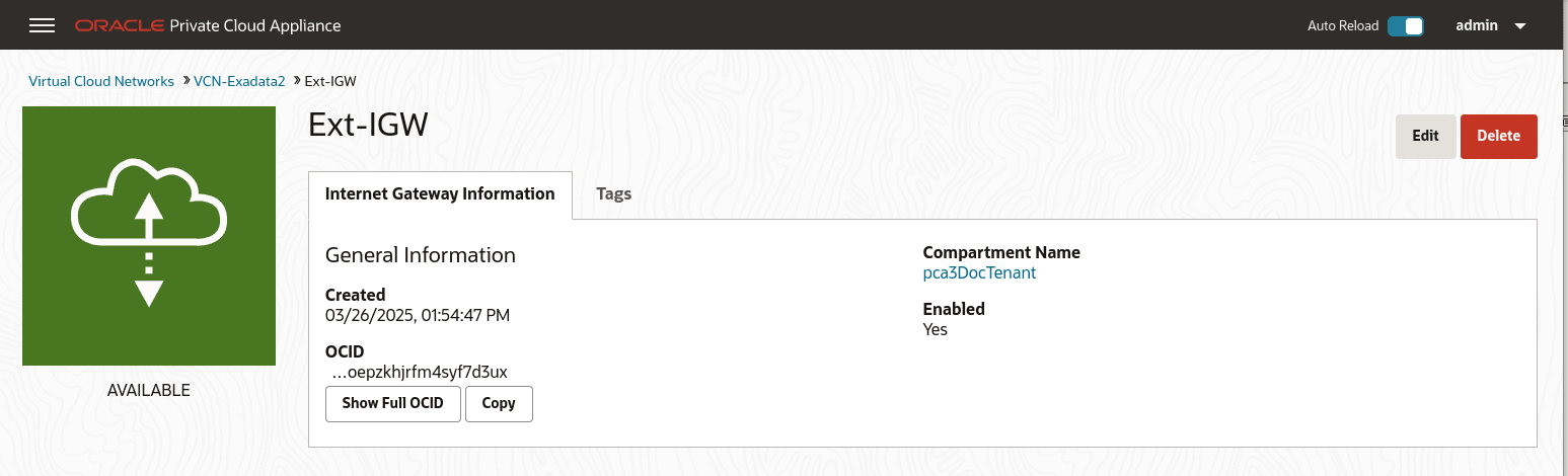 Dialog showing an internet gateway.