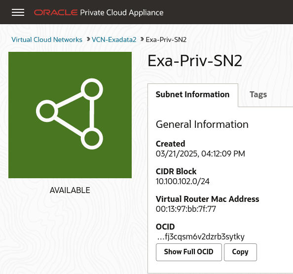 Dialog box showing subnet2.