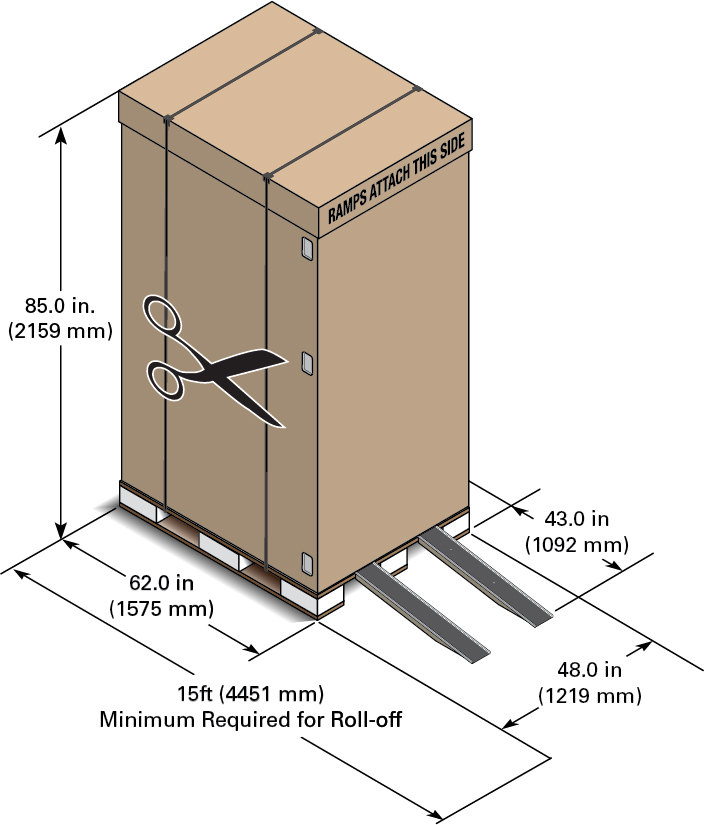 Figure showing an Oracle Private Cloud Appliance in the shipping container with container dimensions and minimum space required for unpacking; 15ft min for roll-off, 85in tall, 62in deep, 48in wide.